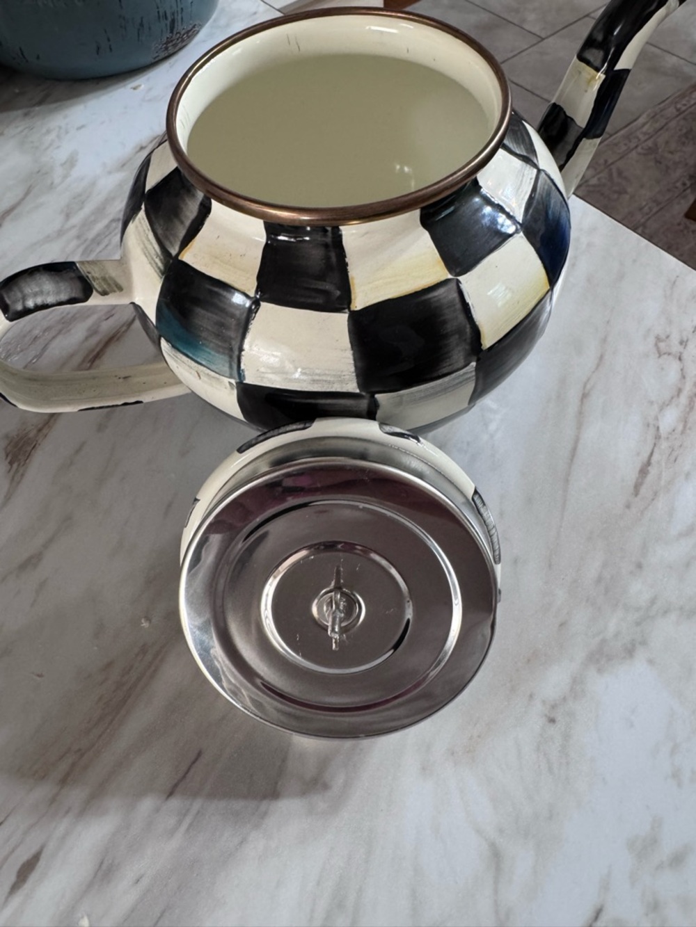 MacKenzie-Childs Black & White Check Teapot with Pink Finial - Picture 2 of 7
